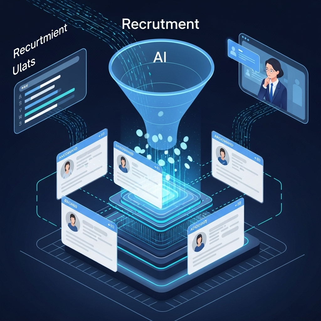 AI-Powered Bias Reduction in Hiring A futuristic, clean digital interface displaying a recruitment funnel. Data streams flow into an AI core, which is depicted as a glowing, unbiased algorithm sifting through candidate profiles. The profiles are anonymized, showing only skills, experience, and objective metrics, with personal identifiers blurred. A human HR professional is shown thoughtfully overseeing the AI's output on a screen, ensuring ethical application and human touchpoints. Style: sleek, tech-inspired, data visualization, clean lines, blue and white color scheme.