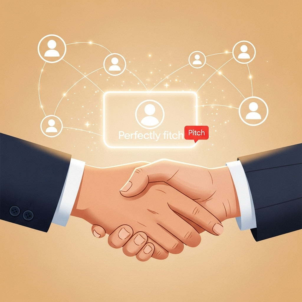 The Art of Personalized PR & Trust A warm, inviting illustration focusing on human connection in a digital context. Two hands (one representing a PR professional, one a journalist) are gently shaking, symbolizing trust and partnership. Between them, a glowing, personalized digital message or a perfectly crafted email hovers, representing a relevant and effective pitch. In the background, a subtle network of glowing lines connects various profile icons, symbolizing long-term relationship building and mutual respect. Style: illustrative, emphasizing warmth, connection, and the blend of human interaction with digital communication.