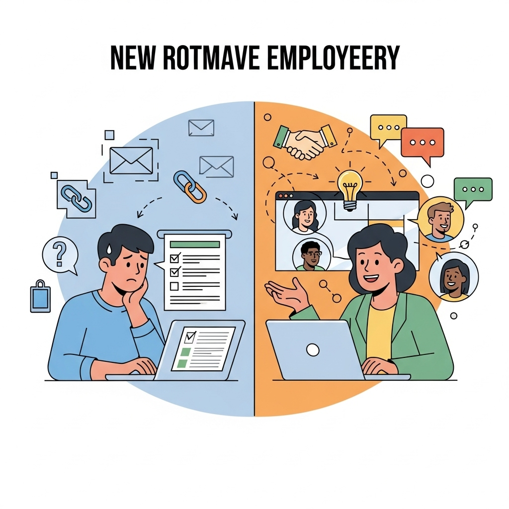Bridging the Virtual Onboarding Gap A split-screen illustration. The left side depicts a new remote employee feeling isolated and overwhelmed, surrounded by disconnected digital icons and cold blue tones, looking at a laptop screen with a generic checklist. The right side shows the same employee, now smiling and engaged, surrounded by warm, interconnected digital lines and vibrant colors, interacting virtually with diverse team members on their screen, symbolizing genuine connection and support.