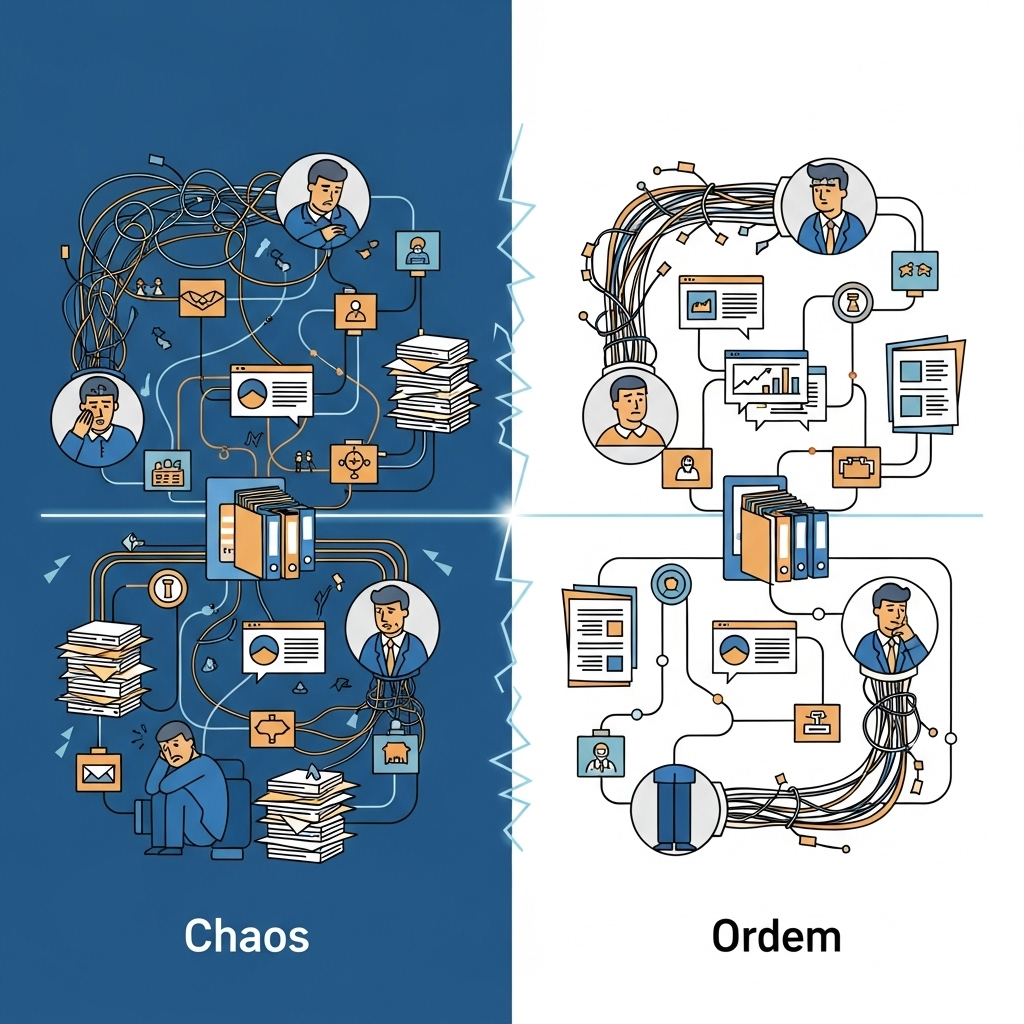 From Chaos to Clarity: Unified SaaS Compliance A dynamic, split-panel illustration showing chaos transforming into an organized, unified SaaS compliance system.