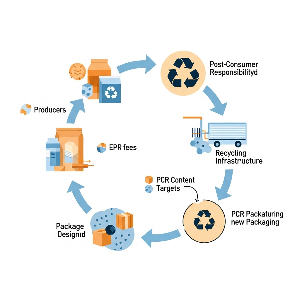 The Circular Economy of Packaging: EPR & PCR in Action A diagram illustrating the circular economy for packaging, showing how Extended Producer Responsibility (EPR) and Post-Consumer Recycled (PCR) content drive the loop from design to recycling and back into manufacturing.