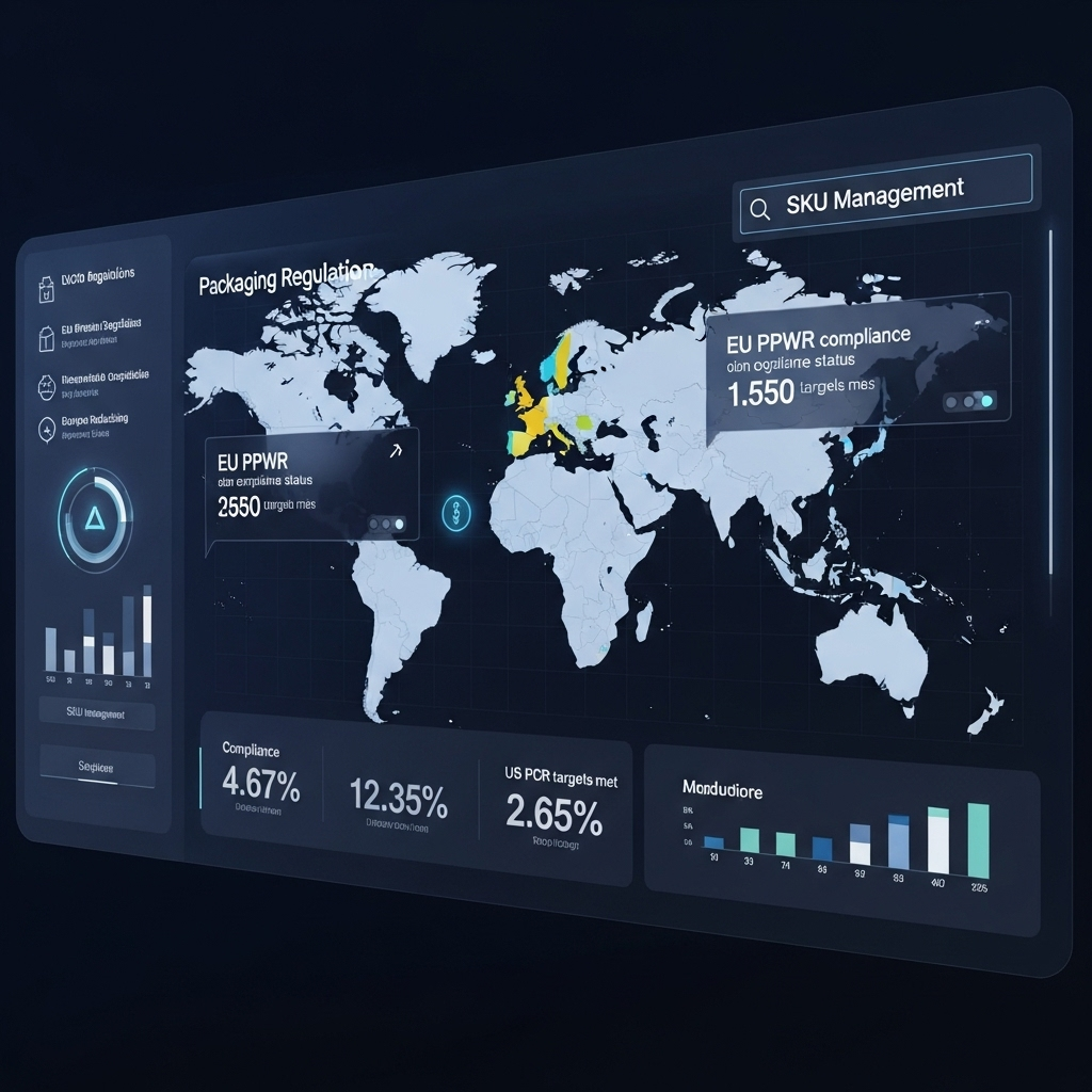 Data-Driven Compliance: Mastering Global Regulations A digital dashboard displaying data for global packaging regulation compliance, including a world map, charts, and SKU management features, representing technology's role in compliance.