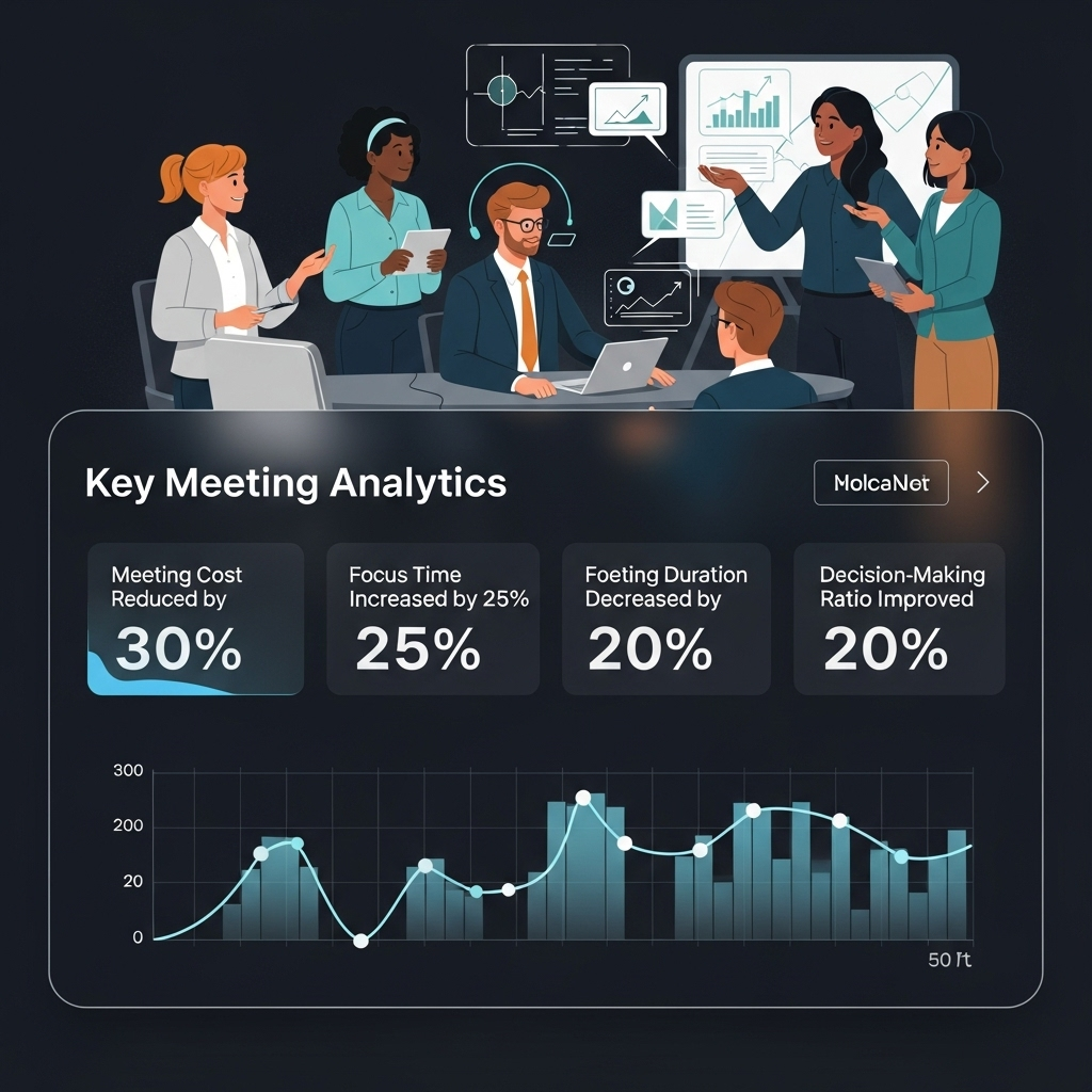 Data-Driven Meeting Optimization A futuristic, sleek dashboard displaying key meeting analytics metrics (e.g., 'Meeting Cost Reduced by 30%', 'Focus Time Increased by 25%', 'Meeting Duration Decreased by 20%', 'Decision-Making Ratio Improved'). The dashboard features clean graphs and data points. In the background, subtly integrated, are diverse team members (in-person and remote) collaborating effectively and intentionally, perhaps around a virtual whiteboard or discussing a project with clear purpose. The overall impression is one of clarity, control, and improved team dynamics thanks to data insights.