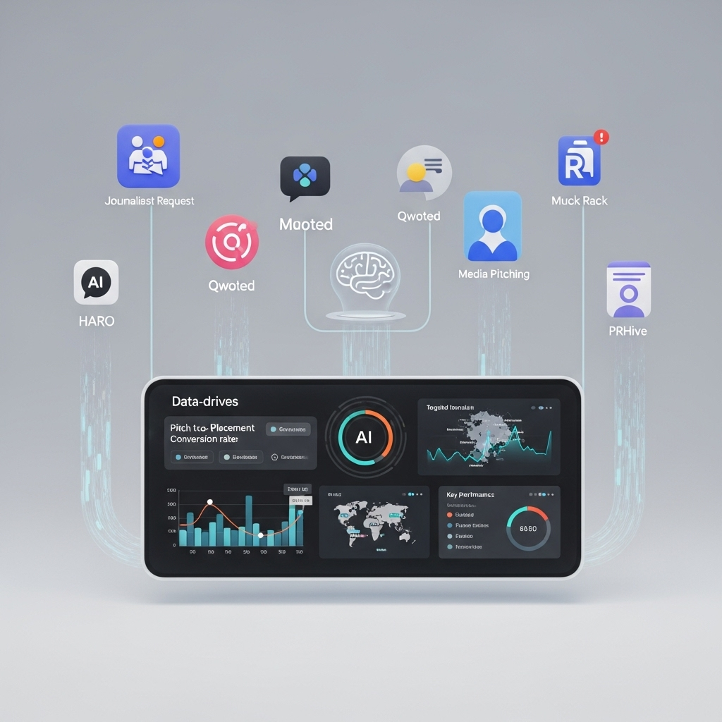The Data-Driven PR Tools Ecosystem A clean, high-tech 3D render of an interconnected ecosystem of data-driven PR tools. In the foreground, a sleek central dashboard displays various data visualizations: a graph showing increasing pitch-to-placement conversion rates, a map highlighting targeted journalist locations, and key performance indicators. Around it, floating, interconnected icons represent prominent journalist request platforms (like HARO, Qwoted) and media pitching software (like Muck Rack, PRHive), all linked by glowing data streams. An AI brain symbol is subtly integrated, representing smart insights. The overall impression is one of efficiency, intelligence, and precision.