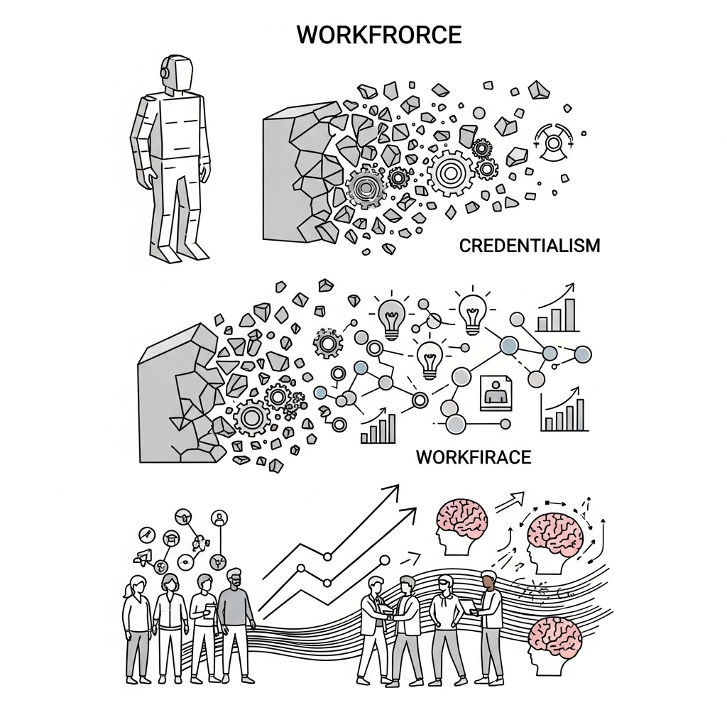 Evolving to a Skill-First Workforce A dynamic, multi-stage illustration depicting the evolution of a workforce. The first stage shows a rigid, static figure or structure (representing traditional credentialism). The second stage shows this structure breaking apart, with various skill icons (e.g., gears, lightbulbs, network nodes, growth charts) emerging and connecting. The final stage shows a diverse group of individuals continuously learning and growing, represented by upward-trending lines, interconnected brains, and a vibrant, flowing data stream, symbolizing a future-proof, adaptable workforce. Style: infographic-like, clean lines, progressive, energetic, with a focus on transformation.