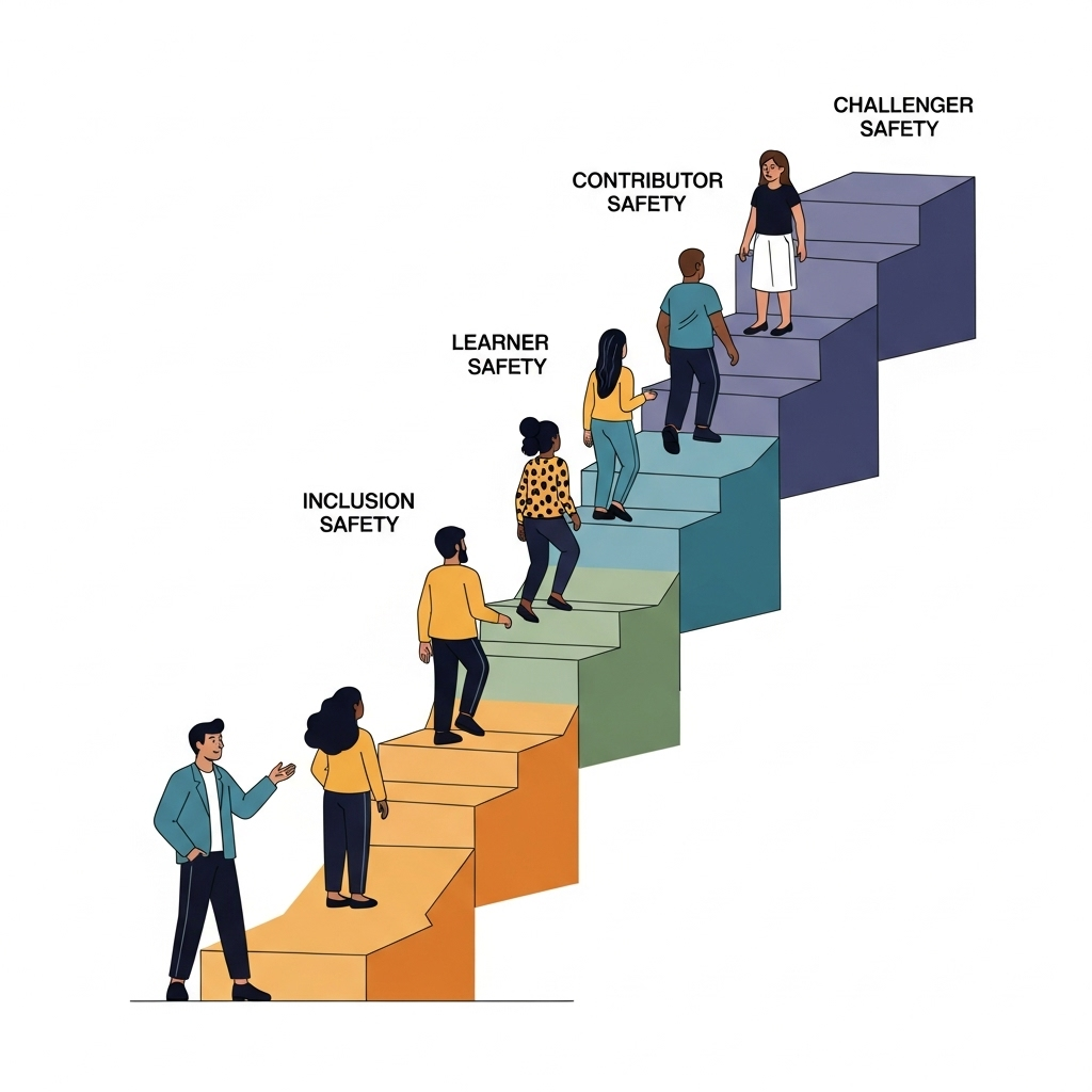 The Four Stages of Psychological Safety An inspiring illustration of a diverse team progressing through four distinct, interconnected stages, forming a pathway or staircase. Each stage is subtly labeled: 'Inclusion Safety,' 'Learner Safety,' 'Contributor Safety,' and 'Challenger Safety.' A supportive leader figure stands at the base, extending a hand or gesturing encouragingly towards the ascending team members, symbolizing guidance and trust-building. The overall scene is bright and optimistic.