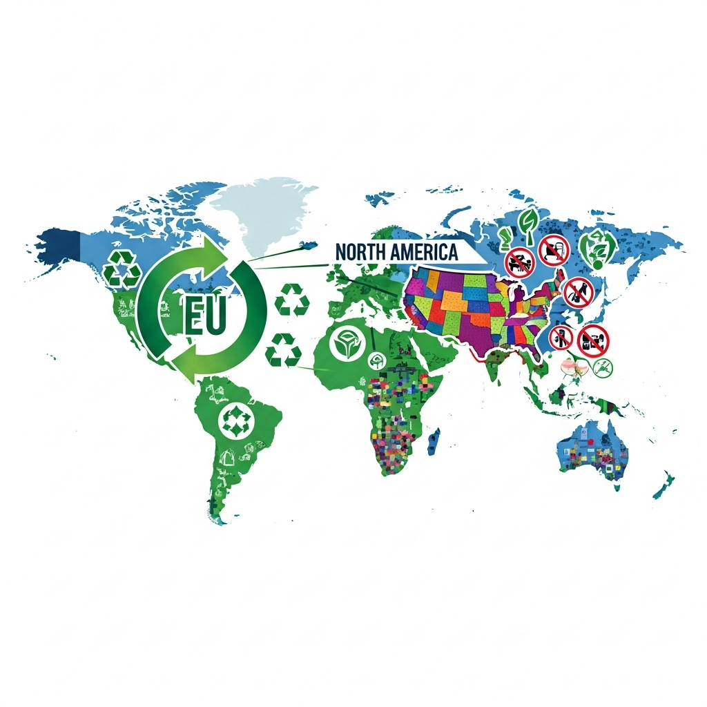 Global Packaging Regulation: Regional Variations A stylized world map infographic with three distinct, highlighted regions: Europe (EU), North America (US), and Asia. Each region has unique visual cues: Europe with a prominent, unified green circular arrow and recycling symbols; the US with a fragmented, multi-colored patchwork quilt pattern of diverse state-level regulations; and Asia with dynamic, evolving symbols including some 'ban' signs and emerging green initiatives. Style: clean, modern infographic, vibrant colors, clear regional demarcation.