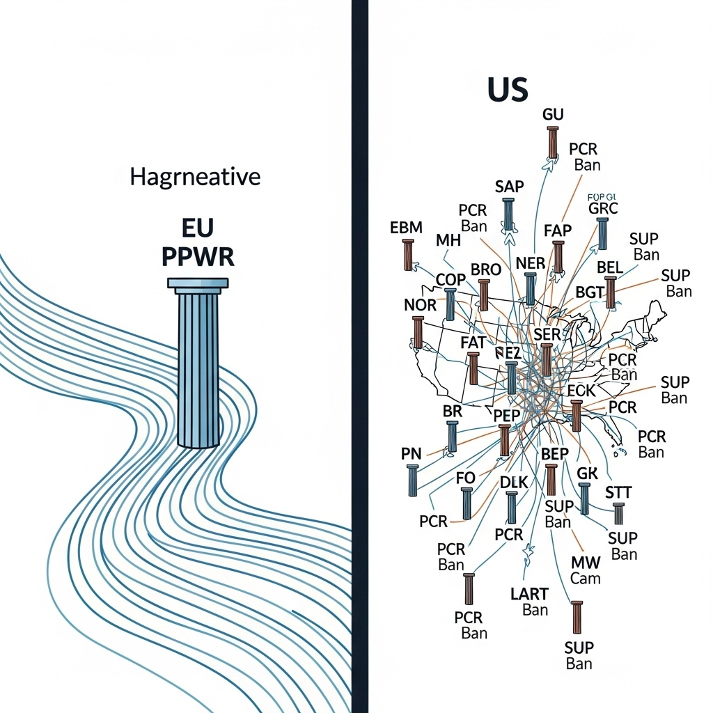Global Regulatory Paths: Harmonized vs. Fragmented An infographic contrasting the harmonized packaging regulations of the EU (PPWR) with the fragmented, state-level laws in the US (PCR and single-use plastic bans).