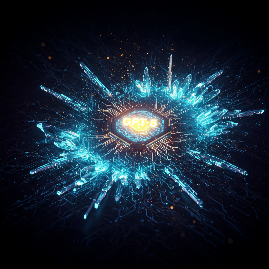 Glowing GPT-5 neural network core radiating revolutionary architectural patterns, symbolizing its advanced intelligence and real-world impact.