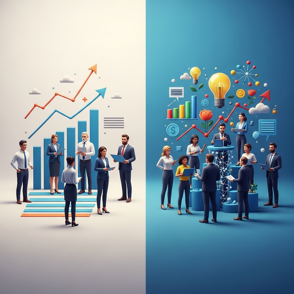 The Growth Power of Diverse Teams A dynamic illustration showing two groups. On the left, a small, homogenous group of professionals appears stagnant, perhaps with flat or declining growth lines and muted colors. On the right, a vibrant, diverse group of professionals (representing various ages, genders, ethnicities, and backgrounds) is actively collaborating, surrounded by upward-trending charts, blooming ideas, and a strong, interconnected network, symbolizing innovation and financial growth. Style: vibrant, corporate illustration, positive and forward-looking, 3D render with clean lines.