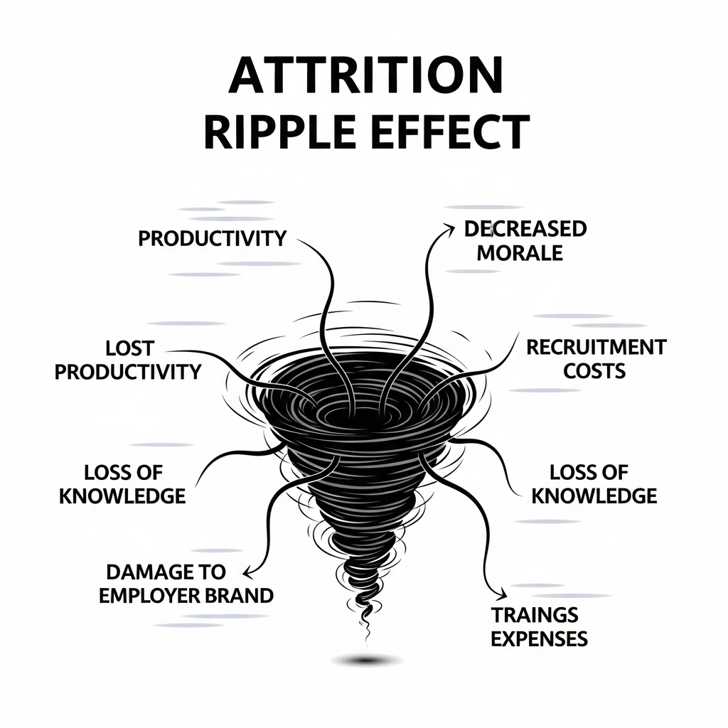The Hidden Costs of Employee Turnover An abstract, infographic-style illustration depicting the 'Attrition Ripple Effect.' A central, dark, swirling vortex represents high employee turnover, with multiple negative tendrils extending outwards, each labeled with an impact: 'Lost Productivity,' 'Decreased Morale,' 'Loss of Knowledge,' 'Damage to Employer Brand,' 'Recruitment Costs,' and 'Training Expenses.' The overall mood is serious but informative.