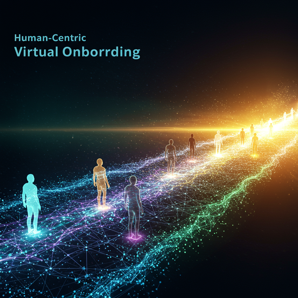 Human-centric virtual onboarding pathway with new hires, symbolizing deep connection and accelerated productivity for remote teams.