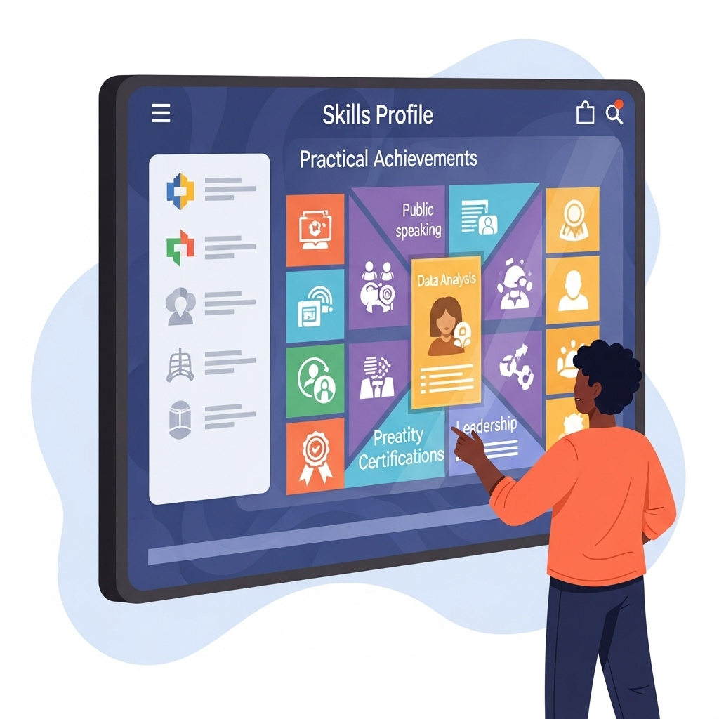 Job Seeker's Skills-First Playbook A confident job seeker, diverse in appearance, standing in front of a digital display or a large, interactive screen. The screen shows a vibrant, multi-faceted 'skills profile' or 'portfolio' with various icons representing different skills (e.g., coding, public speaking, data analysis, project management, creativity, leadership), rather than traditional academic credentials. The job seeker gestures towards the screen, highlighting their practical achievements and certifications. Style: modern, optimistic, slightly infographic-style illustration with clear visual elements representing skills and achievements.