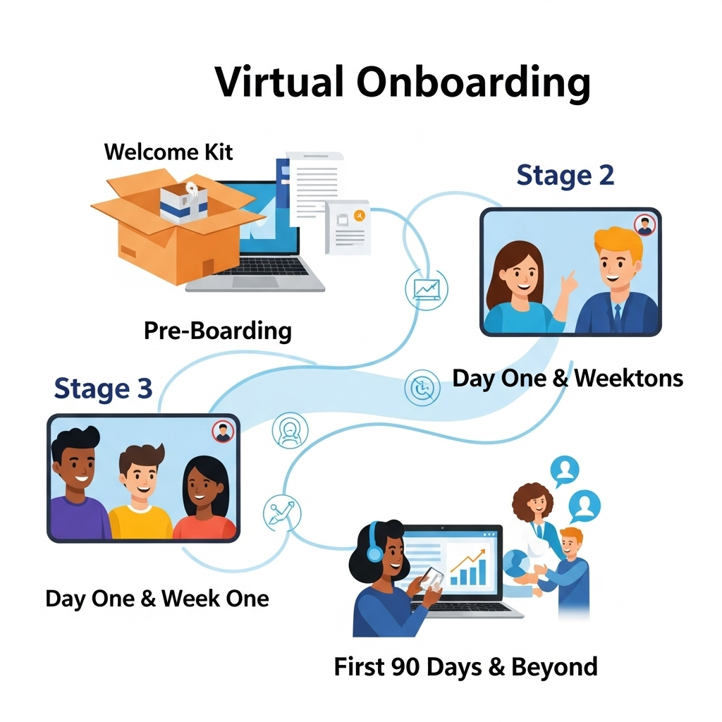 The Multi-Phase Virtual Onboarding Journey A dynamic, multi-stage infographic illustrating the virtual onboarding journey. Stage 1 (Pre-Boarding): a welcome kit and laptop being shipped with digital paperwork. Stage 2 (Day One & Week One): a new hire having a video call introduction with a smiling team. Stage 3 (First 90 Days & Beyond): a new hire participating in a mentorship session and receiving constructive feedback, showing professional growth.