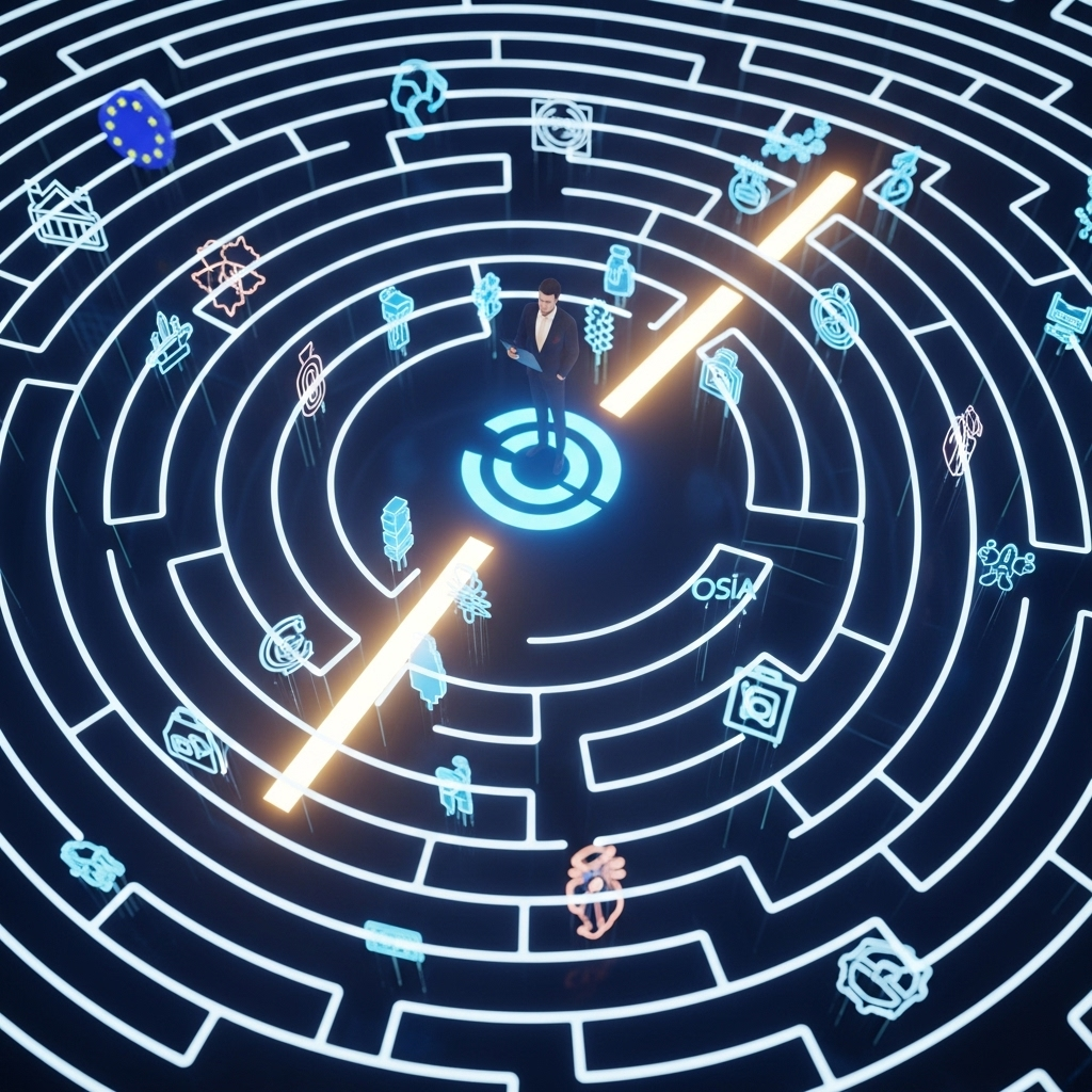 Navigating the Global Regulatory Labyrinth A visual representation of navigating complex global packaging regulations, showing a clear path through a labyrinth of rules.