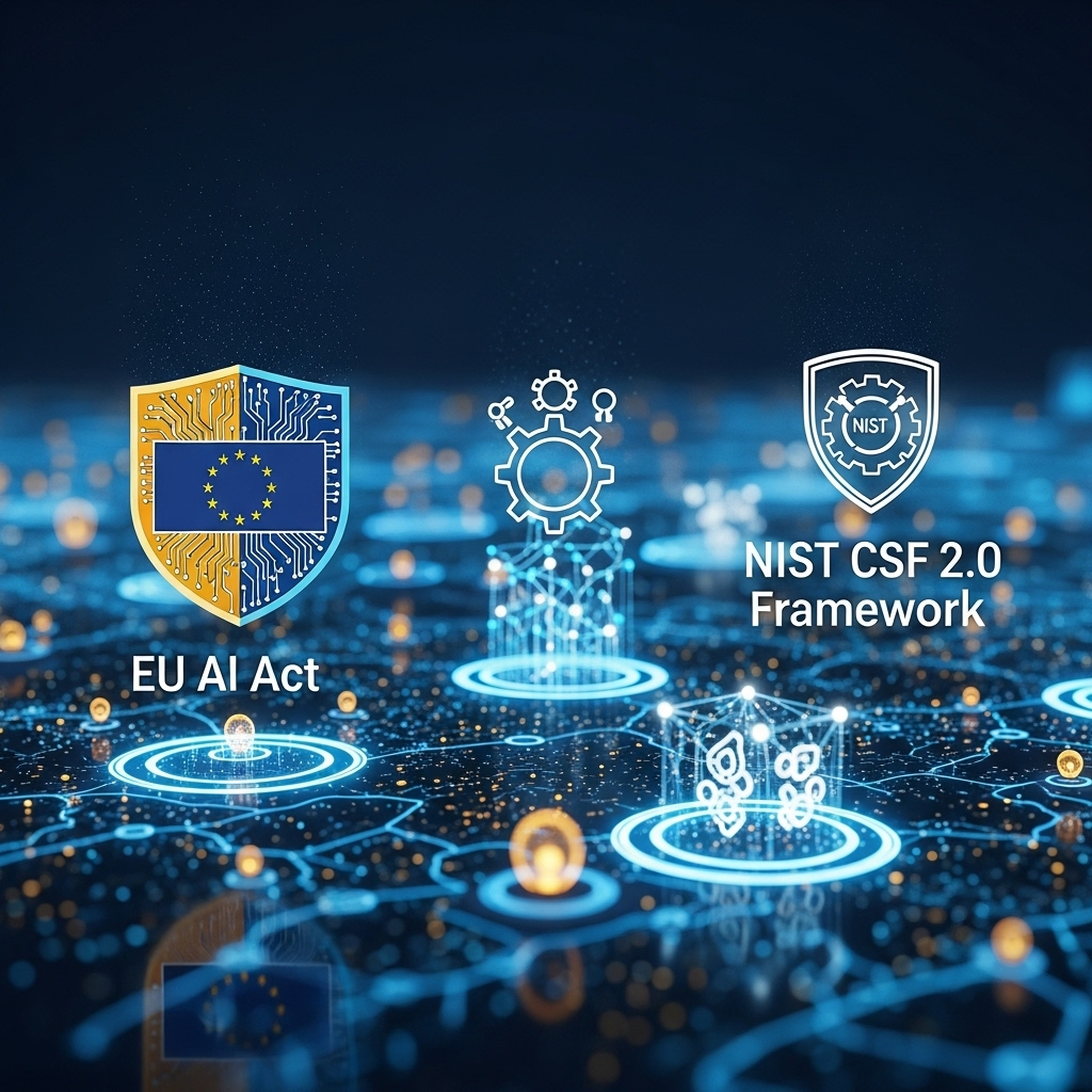 The New Frontiers of SaaS Compliance: AI & Cybersecurity A futuristic digital landscape with interconnected AI and cybersecurity nodes, symbolizing the impact of EU AI Act and NIST CSF 2.0 on SaaS compliance.