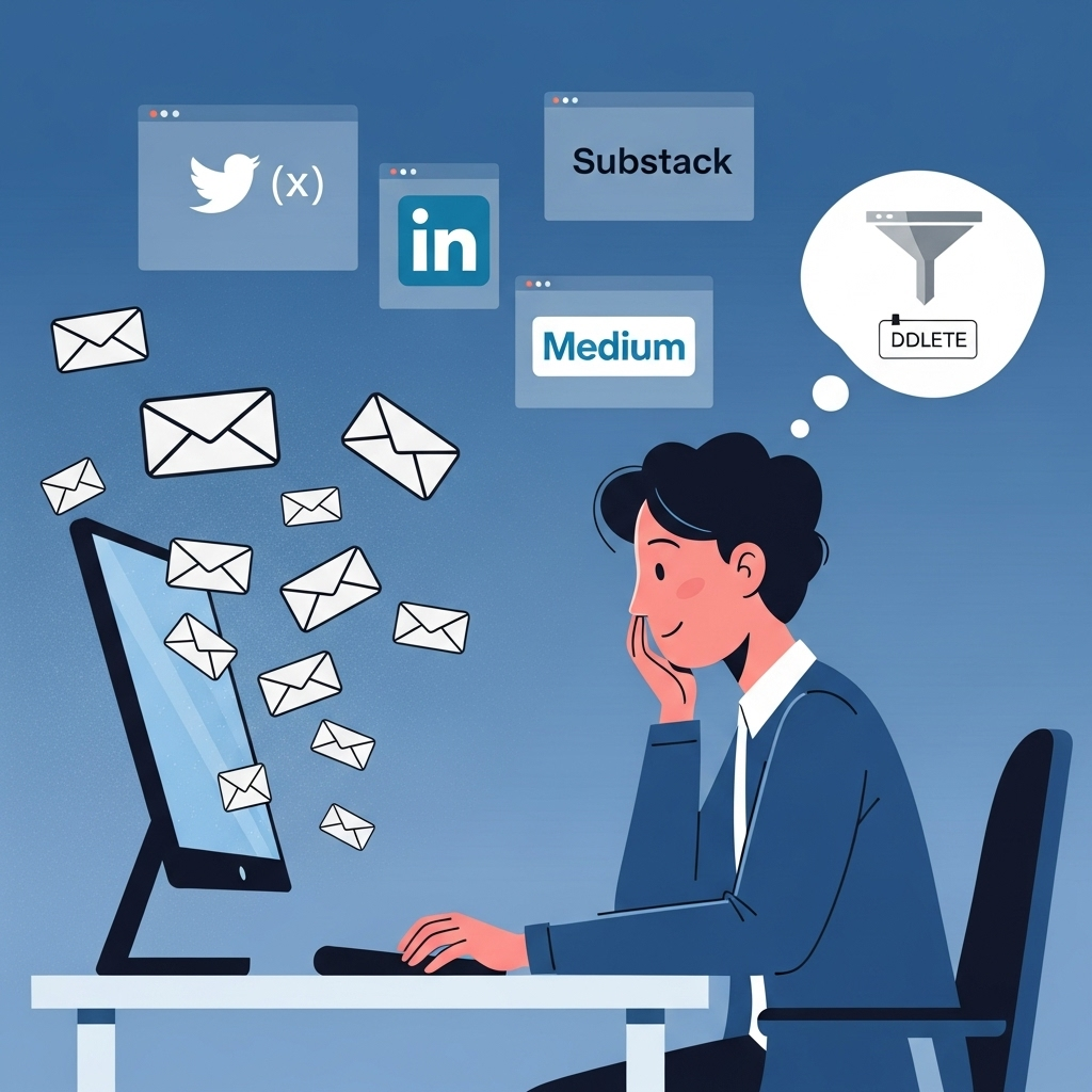 The Overwhelmed Journalist's Digital World A contemporary illustration of a journalist at their desk, looking slightly overwhelmed by a deluge of digital messages (represented by numerous identical, generic email icons flying towards their screen). In the background, subtly integrated digital screens or floating icons display the logos of Twitter (X), Substack, LinkedIn, and Medium, indicating their active platforms for work. A thought bubble above their head shows a filter or a 'delete' icon, emphasizing the need for highly relevant content. Style: modern, slightly exaggerated illustration, with a focus on digital clutter and platform recognition.