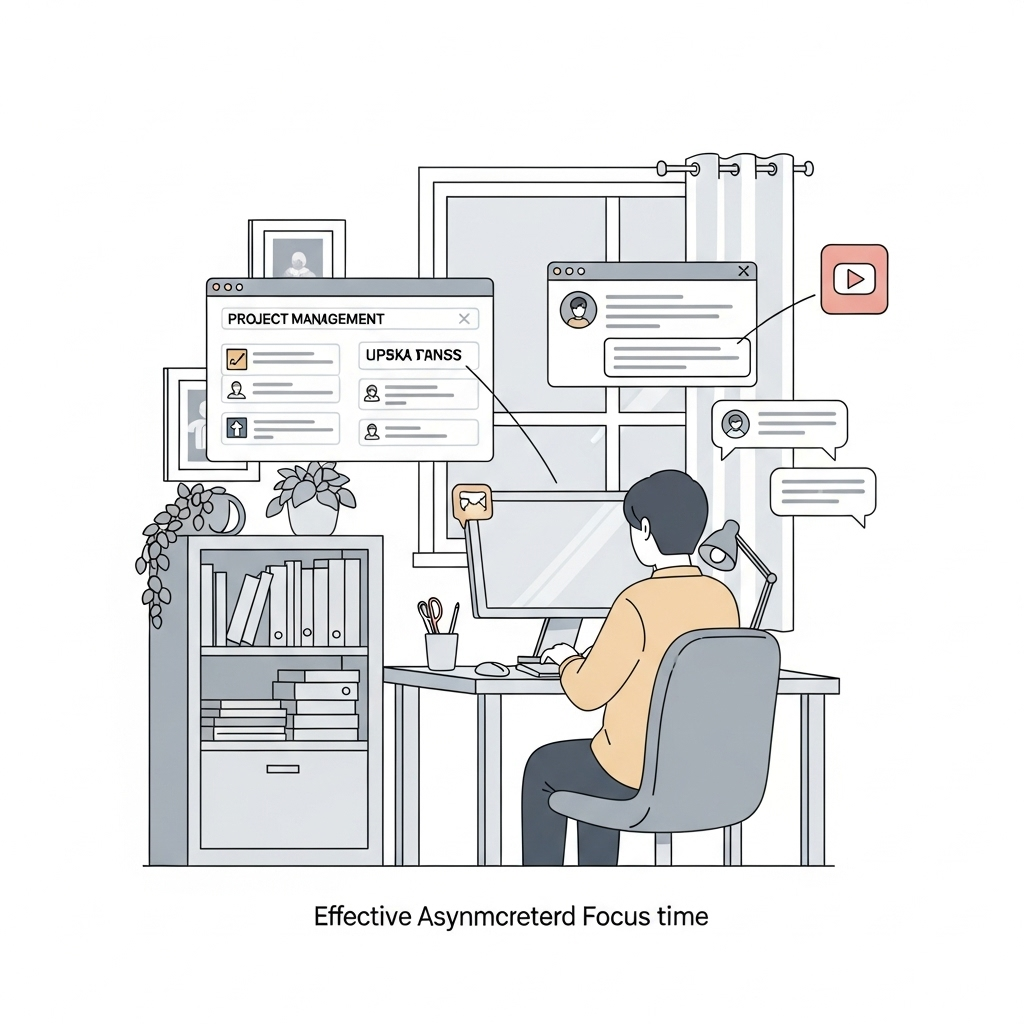 The Power of Asynchronous Collaboration A serene and focused illustration of an individual engaged in 'deep work' in a quiet, organized hybrid office or home office setting. The person is clearly concentrating on a task on their computer, with a sense of calm and productivity. Around them, visual cues indicate effective asynchronous communication: a project management board with tasks being updated, a chat window with messages that don't demand immediate response, and a small icon representing a pre-recorded video update. The atmosphere emphasizes uninterrupted focus time.