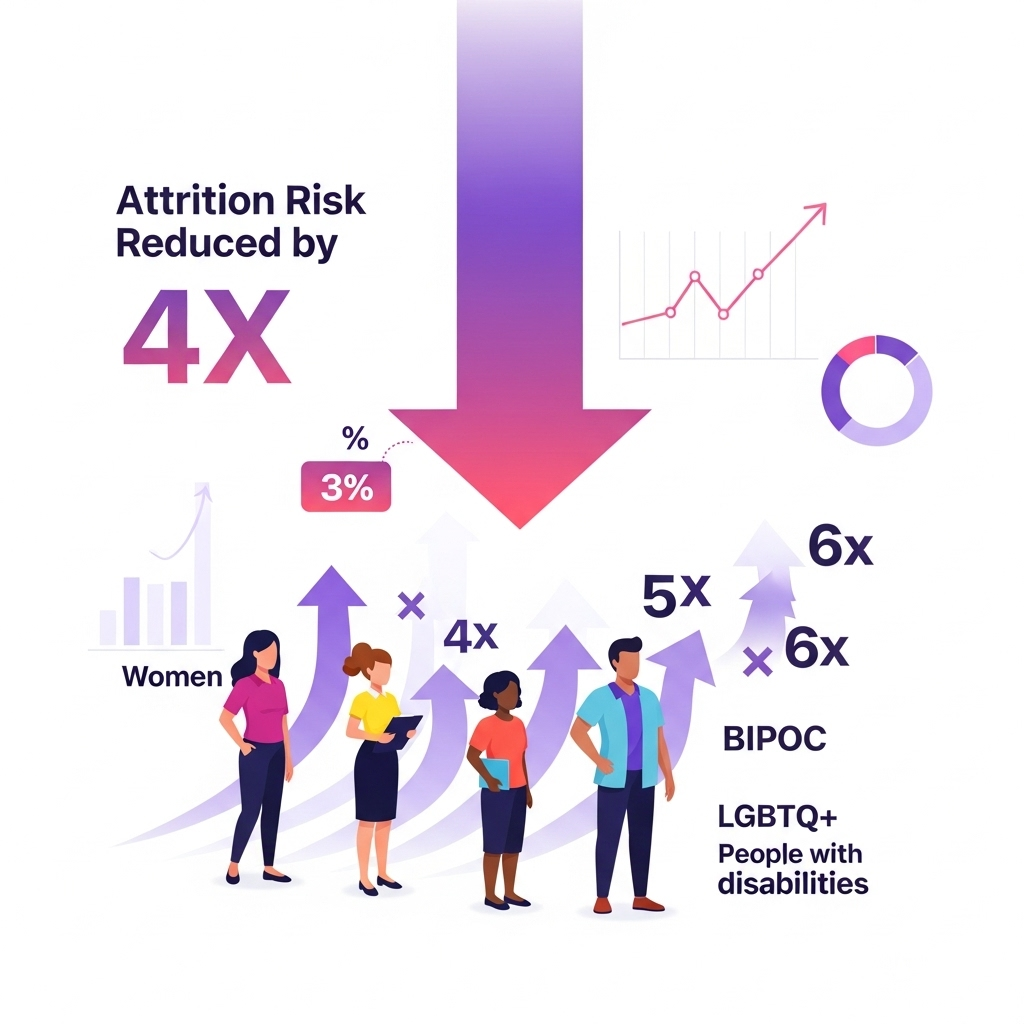 Psychological Safety's Quantifiable Impact on Retention A dynamic, data-driven illustration showcasing a significant reduction in attrition risk and disproportionate benefits for diverse groups. On one side, a large, downward-pointing arrow indicates 'Attrition Risk Reduced by 4X,' with a smaller percentage (e.g., 3%) clearly visible. Below this, a diverse group of people (women, BIPOC, LGBTQ+, people with disabilities) are shown with upward-pointing arrows and increasing multipliers (4x, 5x, 6x) next to them, symbolizing improved retention. The background features subtle data graphs and charts.