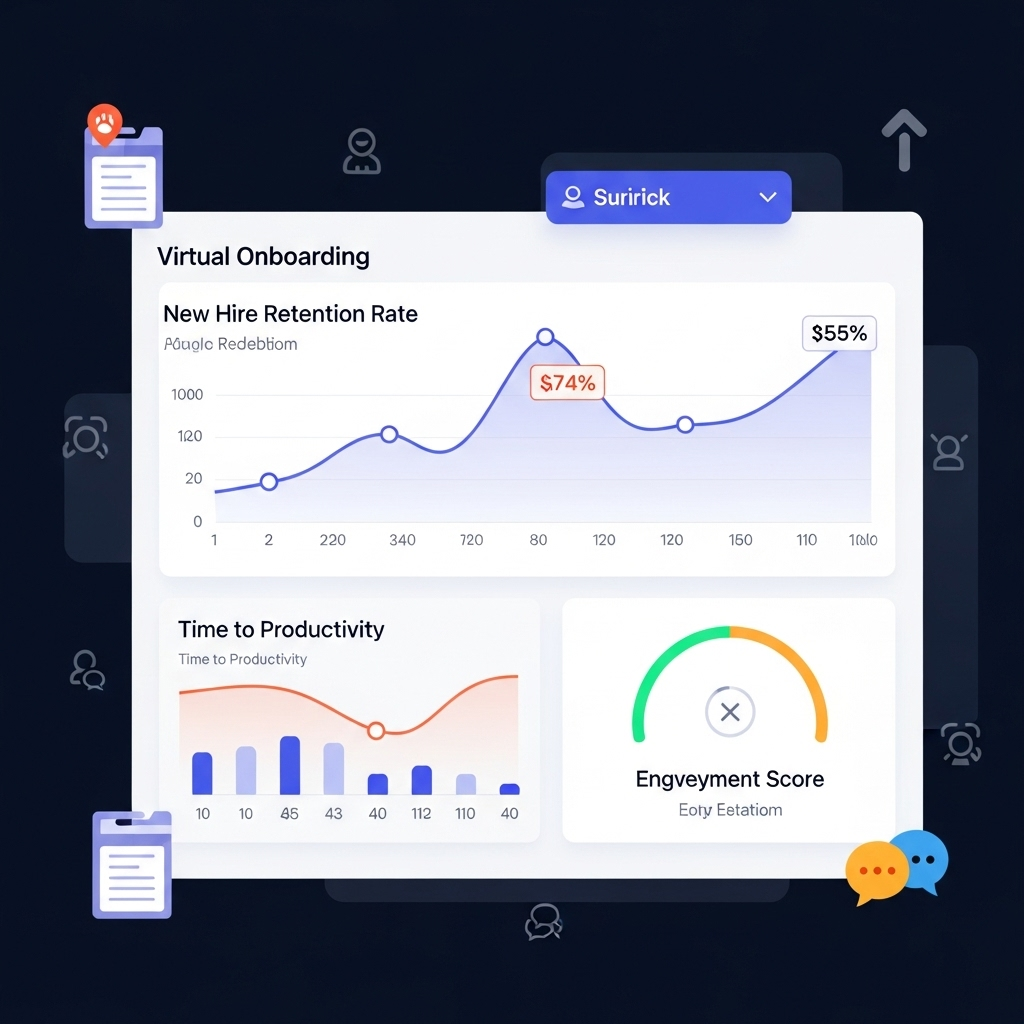 Quantifying Virtual Onboarding ROI A professional, data-driven dashboard or screen displaying various metrics related to virtual onboarding success: a rising line graph for 'New Hire Retention Rate,' a decreasing bar chart for 'Time to Productivity,' and a positive sentiment gauge for 'Engagement Score.' Surrounding the dashboard are subtle icons representing feedback loops (survey forms, speech bubbles) and an upward arrow indicating continuous improvement.