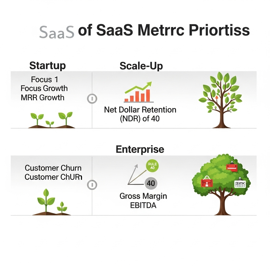 SaaS Metric Priorities by Growth Stage A three-panel horizontal infographic or timeline illustrating the evolution of SaaS metric priorities across different growth stages. Panel 1 (Startup): Focus on 'MRR Growth' and 'Customer Churn' with small, sprouting plants. Panel 2 (Scale-Up): Focus on 'Net Dollar Retention (NDR)' and 'Rule of 40' with a rapidly growing tree. Panel 3 (Enterprise): Focus on 'Gross Margin' and 'EBITDA' with a large, stable, mature tree. Use clear icons and a consistent, clean infographic style.