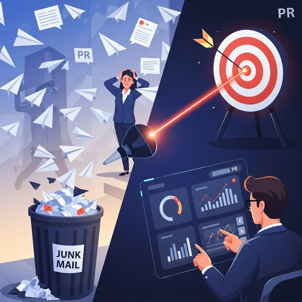 From Spray and Pray to Precision PR A dynamic split image contrasting two PR approaches. On the left: a chaotic scene with countless generic paper airplanes (pitches) flying aimlessly and falling into a large, overflowing bin labeled 'Junk Mail', with a frustrated, overwhelmed PR professional in the background. On the right: a precise, glowing laser beam (representing data-driven outreach) hitting a bullseye target, with a confident, focused PR professional using a sleek digital interface displaying data visualizations and successful media placements. Style: modern, vibrant illustration with a clear visual contrast, symbolizing transformation.