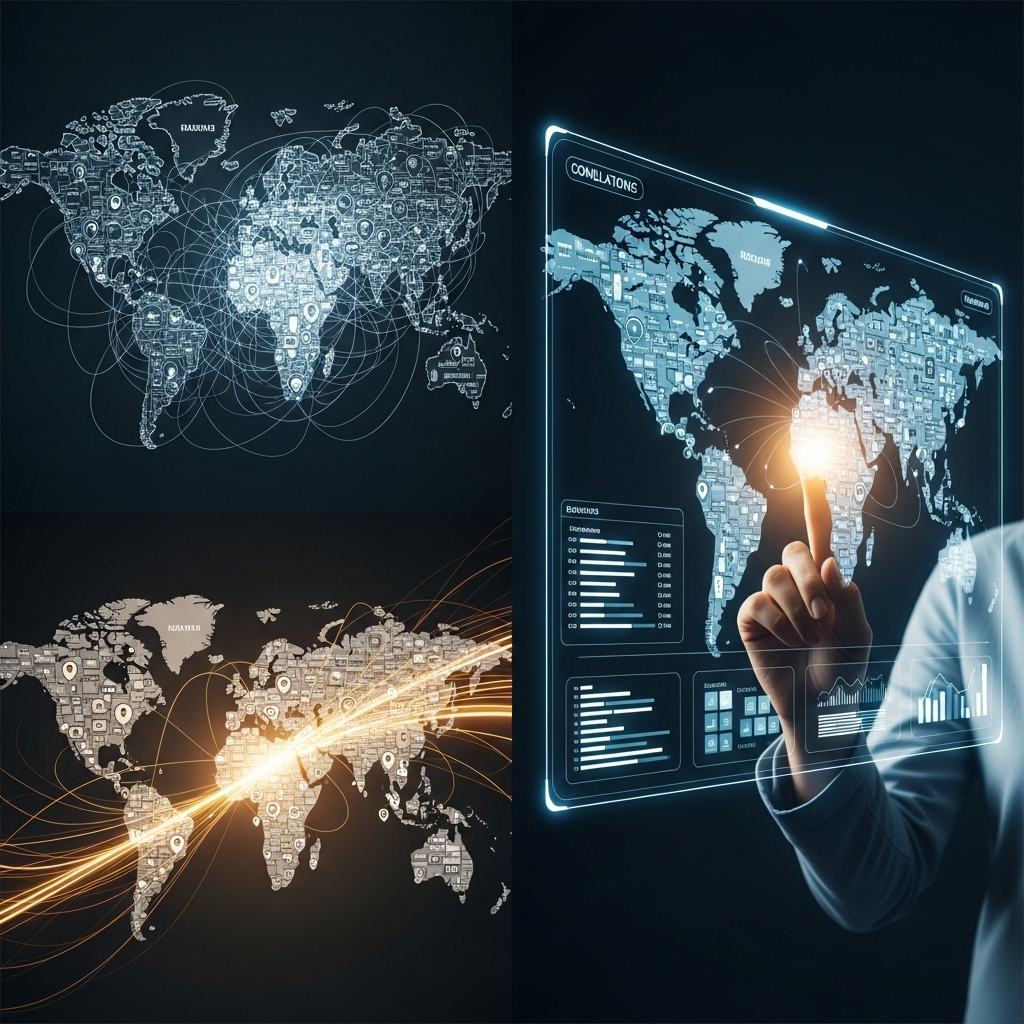 Strategic Compliance with Regulatory Databases A person (or a stylized hand) confidently interacting with a large, glowing digital interface or screen that displays a simplified, organized map of global regulations and compliance data points. In the background, the initial chaotic 'labyrinth' of regulations (as depicted in the first image) is now seen as being tamed, illuminated, and clearly navigable by the interface. Emphasize clarity, control, efficiency, and data visualization. Style: futuristic, clean UI, data-driven, empowering, with light trails suggesting data flow.