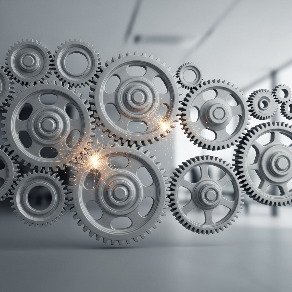 The Talent Mismatch in Hiring A conceptual 3D render showing a large, intricate system of gears representing the labor market. Some gears (representing traditional hiring processes) are visibly misaligned or spinning without engaging, creating friction and sparks, symbolizing inefficiency. Other gears (representing diverse talent pools with practical skills) are perfectly aligned but not connected to the main system, symbolizing the talent mismatch. The background is a blurred, modern office environment. Style: clean, professional, slightly abstract, with a focus on mechanical precision.