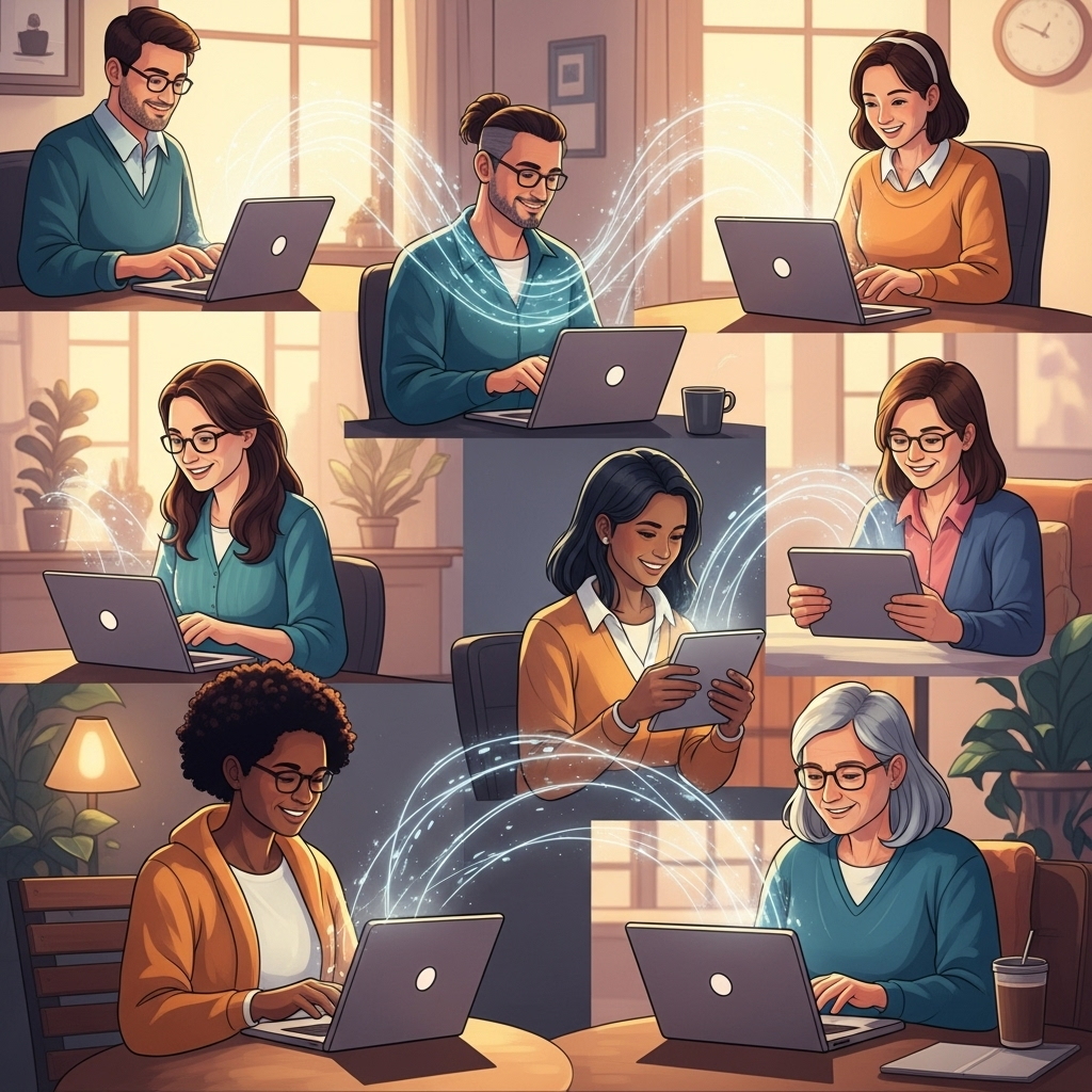 Technology as a Bridge for Remote Connection A vibrant illustration showing diverse remote employees connecting and collaborating seamlessly through various digital devices, with glowing lines of connection flowing between their screens, forming a subtle network. The overall atmosphere is warm, productive, and collaborative, emphasizing technology as a bridge for human interaction, not a barrier.