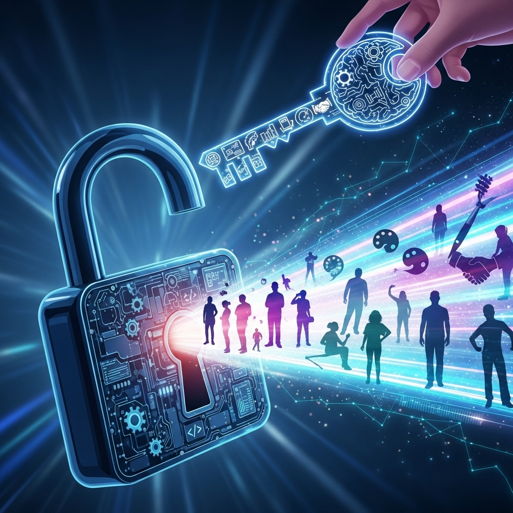 Unlocking the Talent Pool A vibrant, conceptual illustration showing a large, intricate lock being opened by a key shaped like a human brain or a set of diverse skill icons (e.g., gears, code snippets, a paintbrush, a microphone, a handshake). From the opened lock, a diverse stream of light and silhouettes of confident individuals emerge, symbolizing unlocked potential and a broader talent pool. The background should be abstract and dynamic, suggesting growth and innovation. Style: energetic, futuristic, abstract illustration with glowing elements.