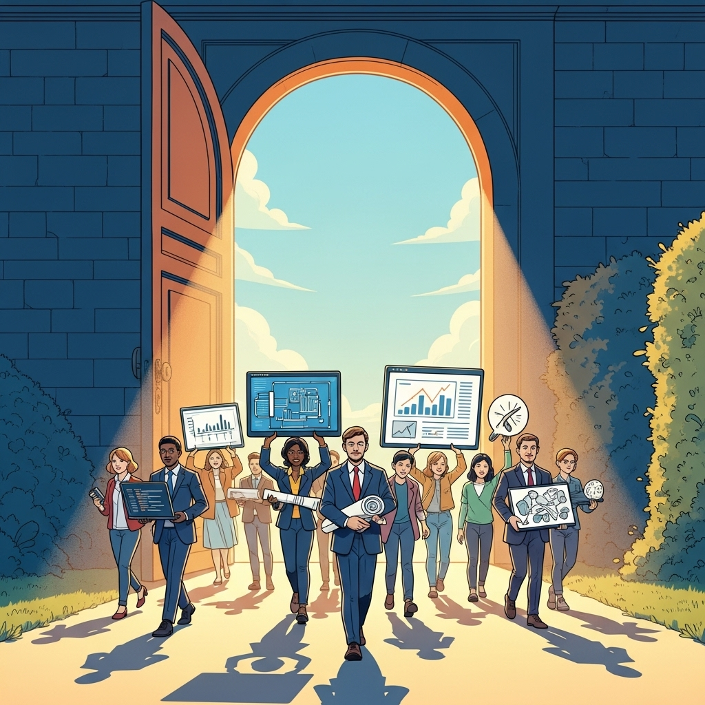 Unlocking Talent with Skills-Based Hiring A vibrant, uplifting illustration of a large, open doorway or archway, bathed in warm, inviting light. Through the archway, a diverse group of professionals (representing various ethnicities, ages, and backgrounds) are confidently walking forward, each carrying or displaying a symbol of a practical, demonstrable skill (e.g., a laptop with code, a blueprint, a data analysis dashboard, a creative sketchpad). The path leading to the open door is wide and clear, contrasting with a narrow, overgrown, and less inviting path on the side. Style: optimistic, modern, inclusive, with a strong sense of forward movement and opportunity.