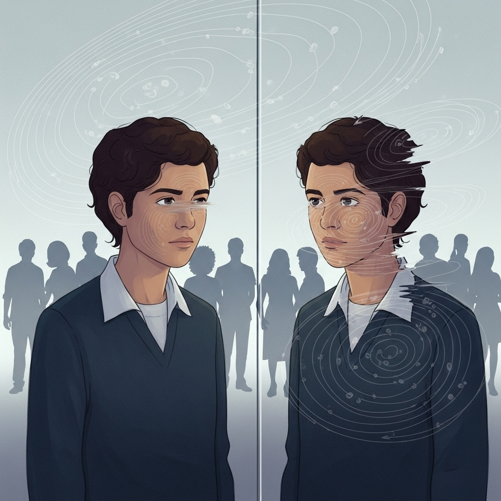 The Unseen Mirror of Bias A person looking into a reflective surface, but instead of a clear reflection, their own image is obscured or distorted by subtle, swirling patterns and faint, almost invisible cognitive shortcuts, while a faint outline of a diverse group of people stands behind them, suggesting the biases affect others. The mood is contemplative and slightly mysterious. Style: conceptual illustration, soft lighting, muted colors, digital painting.