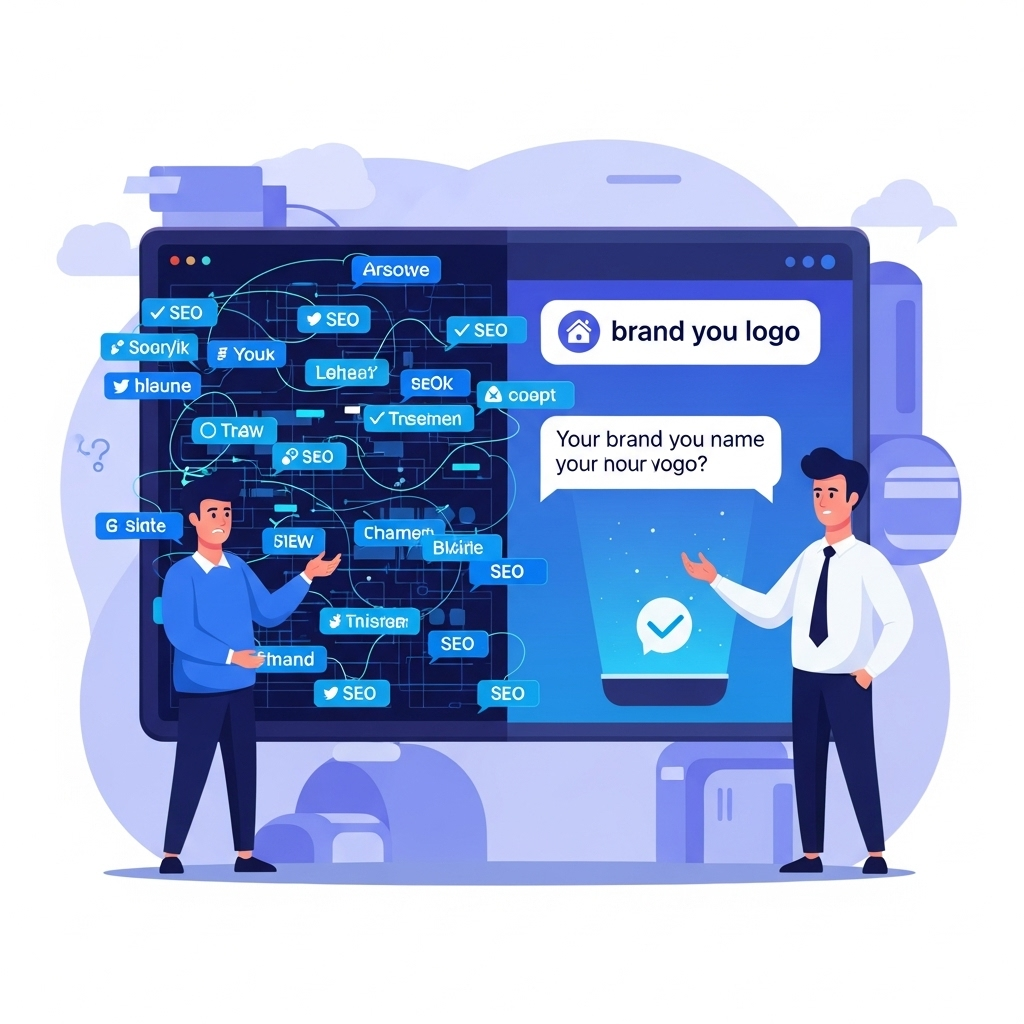 The Evolution from SEO to GEO A split-screen illustration contrasting traditional SEO with Generative Engine Optimization. The left shows a cluttered search engine page, while the right shows a brand prominently featured in a clean AI chat response.
