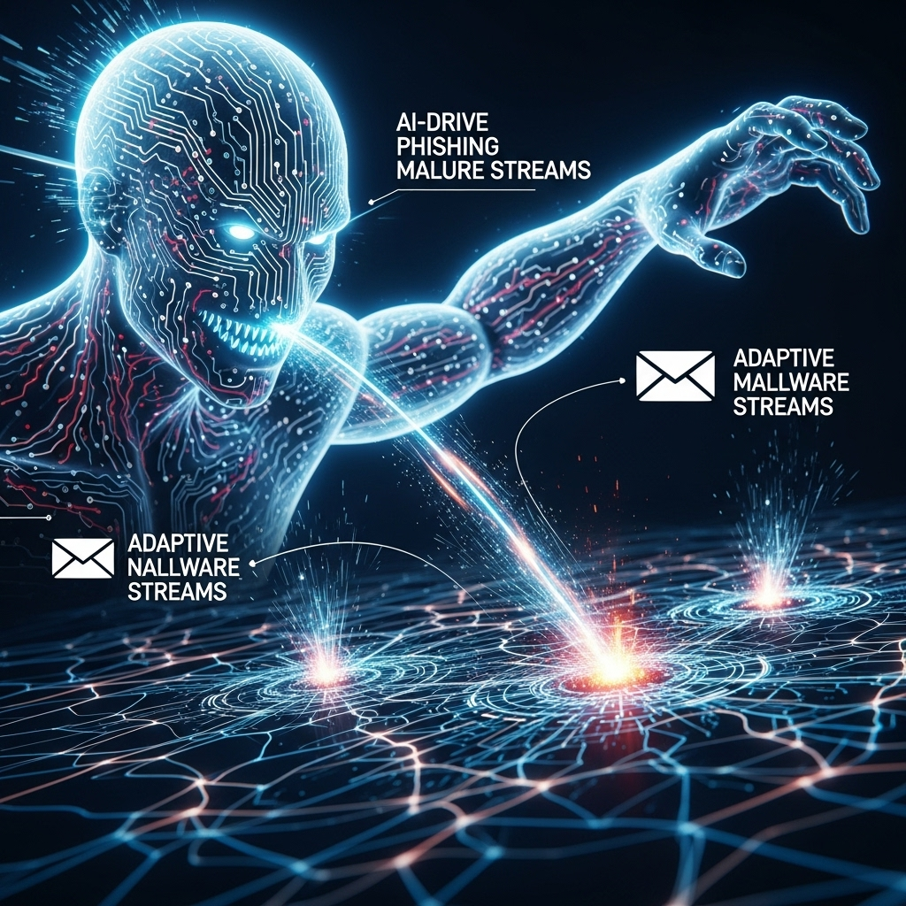 AI-Powered Cyber Extortion A sophisticated, futuristic illustration of a menacing artificial intelligence entity, represented by glowing neural pathways and interconnected circuits, actively launching AI-driven phishing emails and adaptive malware streams. These attacks target a vulnerable corporate network, depicted as a glowing, intricate web with visible weak points being exploited. Style: dark, high-tech, with sharp contrasts and dynamic digital effects, emphasizing the advanced nature of the threat.