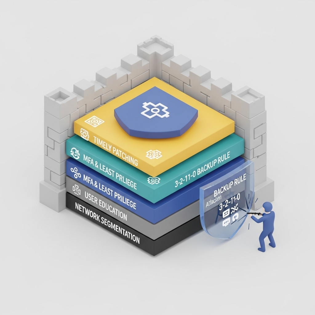 Multi-Layered Ransomware Defense A clean, professional isometric 3D render of a multi-layered digital fortress or shield, symbolizing a comprehensive cybersecurity defense framework. Each interlocking layer represents a different strategic defense component: 'Timely Patching', 'MFA & Least Privilege', 'User Education', 'Network Segmentation', and a prominently featured, distinct section for the '3-2-1-1-0 Backup Rule'. A small, stylized digital attacker is shown being repelled or blocked by these combined layers. Style: minimalist, modern, with clear icons and labels, emphasizing robust protection and resilience.