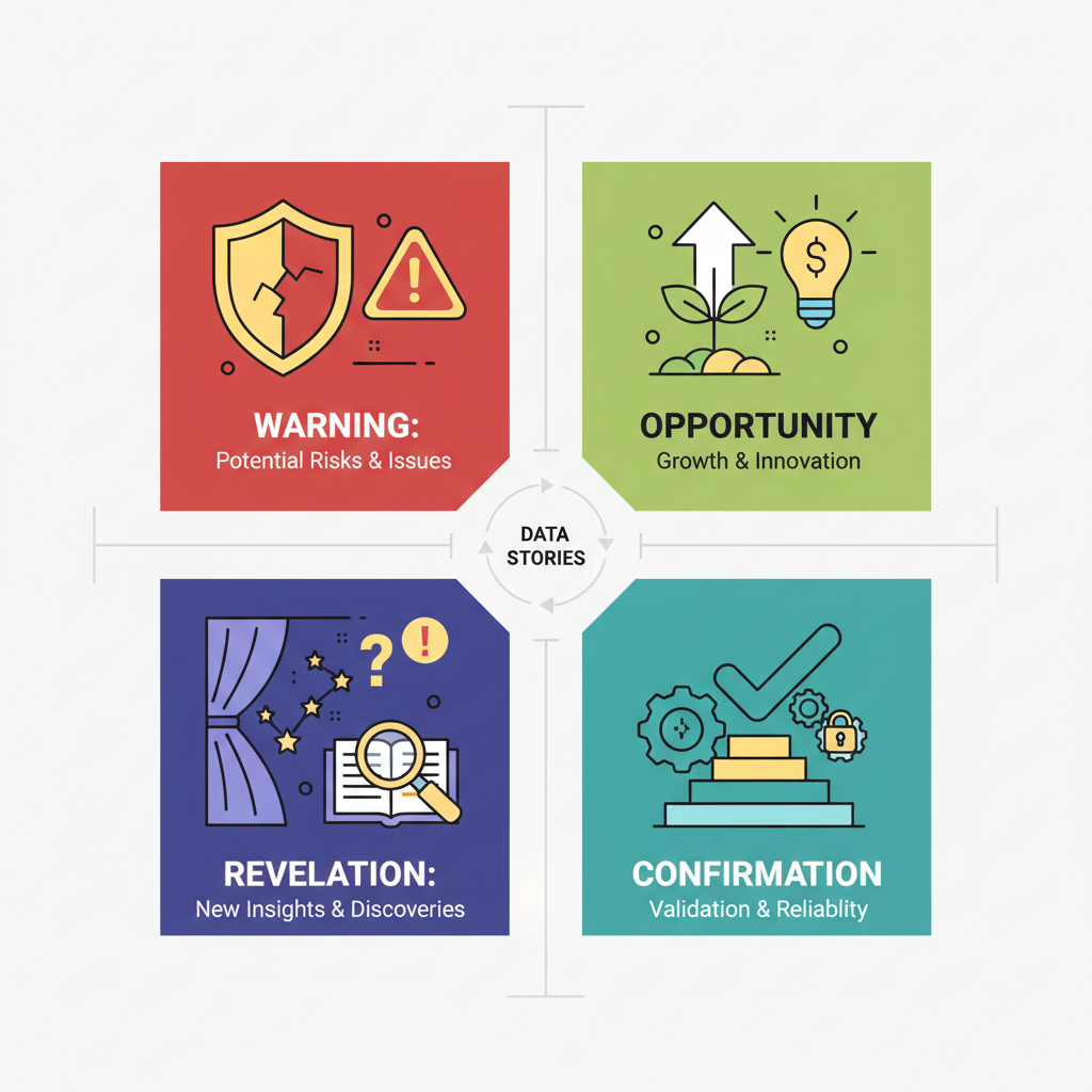 The Four Powerful Data Stories A visually engaging infographic-style illustration depicting the 'Four Data Stories'. Use a four-quadrant layout, with each quadrant representing one story type: 1. Warning (e.g., a shield icon with a crack, or a warning sign), 2. Opportunity (e.g., an upward arrow, a growing plant, or a lightbulb), 3. Revelation (e.g., an opened curtain revealing something new, or a magnifying glass), 4. Confirmation (e.g., a checkmark, or a solid foundation). Each quadrant should have a distinct, yet harmonious color palette. Style: modern, symbolic, clean flat design with clear icons.