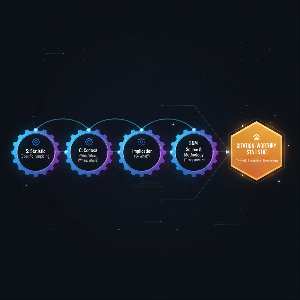 The S+C+I+S&M Framework Explained A sophisticated, clean infographic illustrating the 'S+C+I+S&M' framework. Visualize it as a series of interconnected, glowing nodes or gears leading to a central 'Citation-Worthy Statistic' output. Each node is labeled: 'S: Statistic (Specific, Surprising)', 'C: Context (Who, What, When, Where)', 'I: Implication (So What?)', 'S&M: Source & Methodology (Transparency)'. Use a tech-inspired, modern flat design with subtle gradients and a sense of progression. The overall mood should be clarity and efficiency.