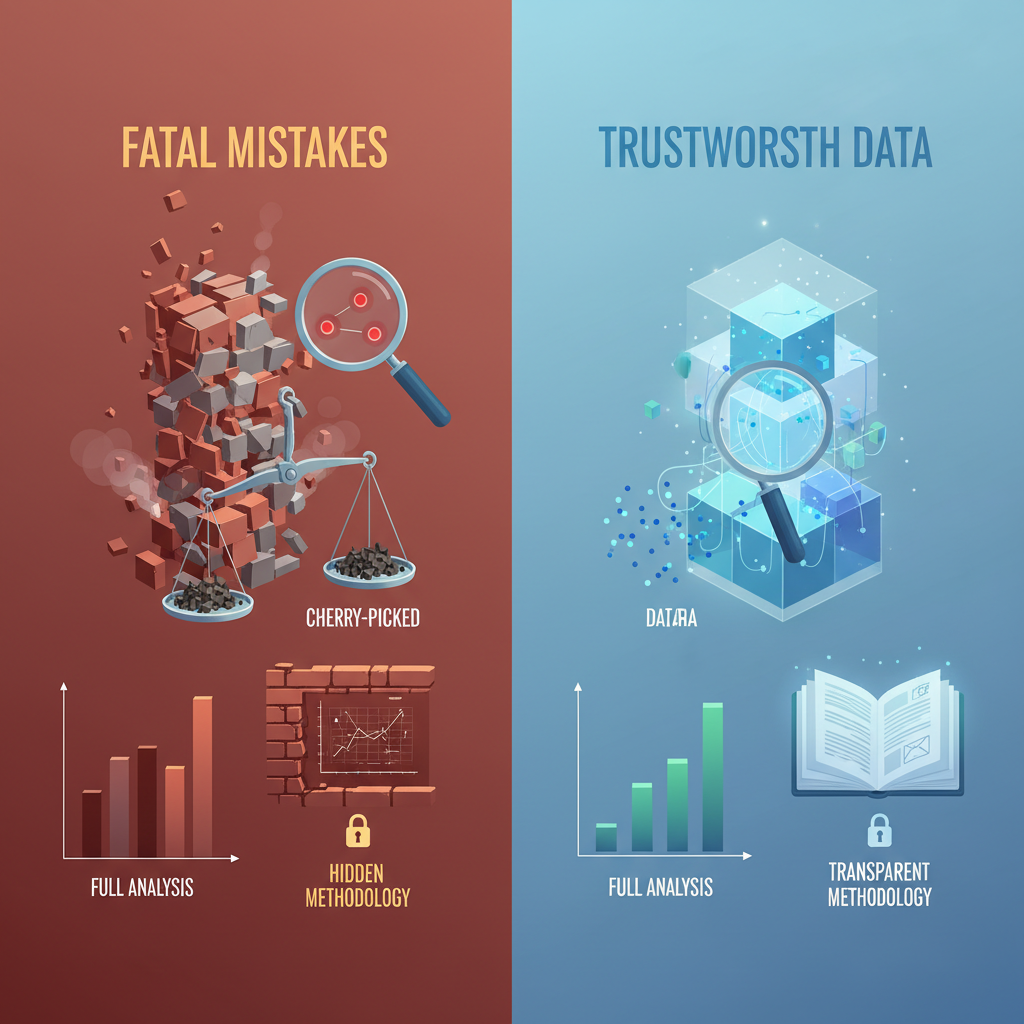 Trust vs. Fatal Data Mistakes A symbolic illustration contrasting trust and mistrust in data. On the left, representing 'Fatal Mistakes', show broken scales of justice or a crumbling data tower, with icons like a magnifying glass highlighting 'cherry-picked' data points, a distorted bar chart with a truncated y-axis, and a 'hidden' methodology behind a brick wall. On the right, representing 'Trustworthy Data', show a solid, transparent structure, perhaps a clear crystal block with data flowing openly, featuring icons like a magnifying glass showing 'full analysis', a clearly labeled, accurate chart, and an open book symbolizing 'transparent methodology'. Style: conceptual, modern illustration, using cool tones for trust and warm, broken tones for mistakes.