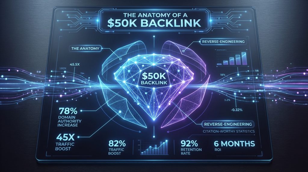 Futuristic holographic blueprint revealing the anatomy of a $50K backlink through reverse-engineered citation-worthy statistics.