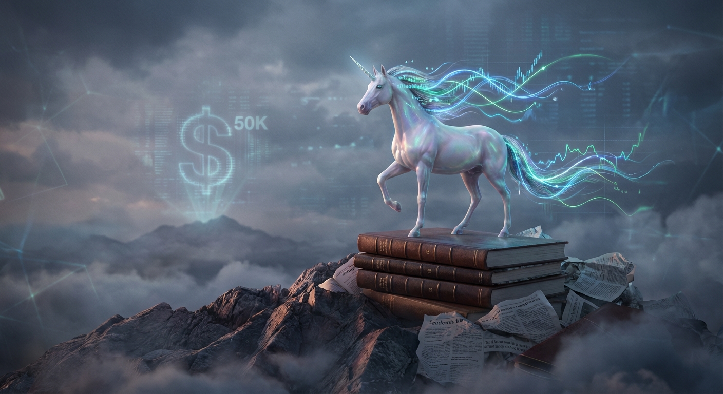 The Elusive $50K Backlink A majestic, glowing unicorn with digital data streams or graph lines woven into its mane, standing atop a mountain of academic papers and news articles. In the background, a digital '50K' dollar sign subtly shimmering. The style should be a blend of mythical fantasy and modern data visualization, conveying immense value and authority. Cinematic, slightly abstract.