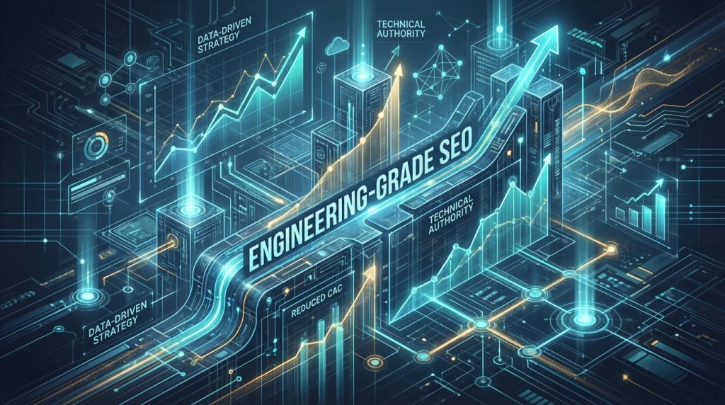 Engineering-Grade B2B SaaS SEO blueprint with glowing data streams and analytics for a data-driven content strategy.