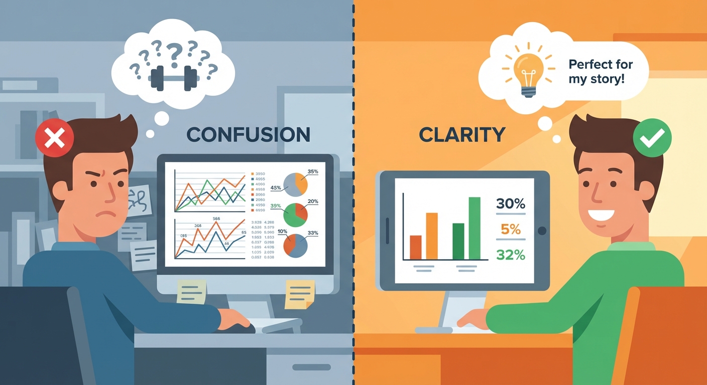 Passing the Journalist Screenshot Test A split-panel illustration. On the left, a journalist looking frustrated at a complex, cluttered data chart on a screen, with a giant 'X' overlay, symbolizing high cognitive load and rejection. On the right, the same journalist smiling, easily grasping a clean, clear, and concise data visualization, with a 'checkmark' overlay and a thought bubble indicating 'Perfect for my story!' Style: modern flat design with clear emotional cues, vibrant colors, emphasizing clarity vs. confusion.