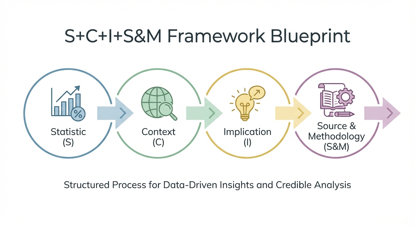 The S+C+I+S&M Framework Explained A clean, minimalist infographic representing the "S+C+I+S&M Framework" as a clear, interconnected flow or blueprint. Each letter (Statistic, Context, Implication, Source & Methodology) is represented by a distinct, simple icon (e.g., bar chart for Statistic, globe for Context, lightbulb for Implication, book/scroll for Source & Methodology) and connected by arrows. The overall design should feel professional, structured, and easy to understand at a glance, using a modern color palette.